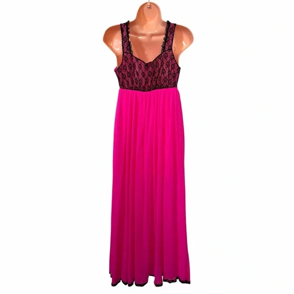 Vintage Hot Pink and Black Lace Nightgown or Slip Dress - Union Made! - Picture 6 of 9